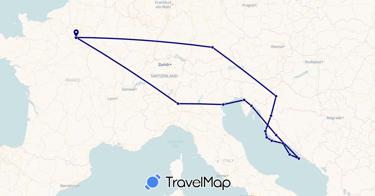 TravelMap itinerary: driving in Germany, France, Croatia, Italy (Europe)